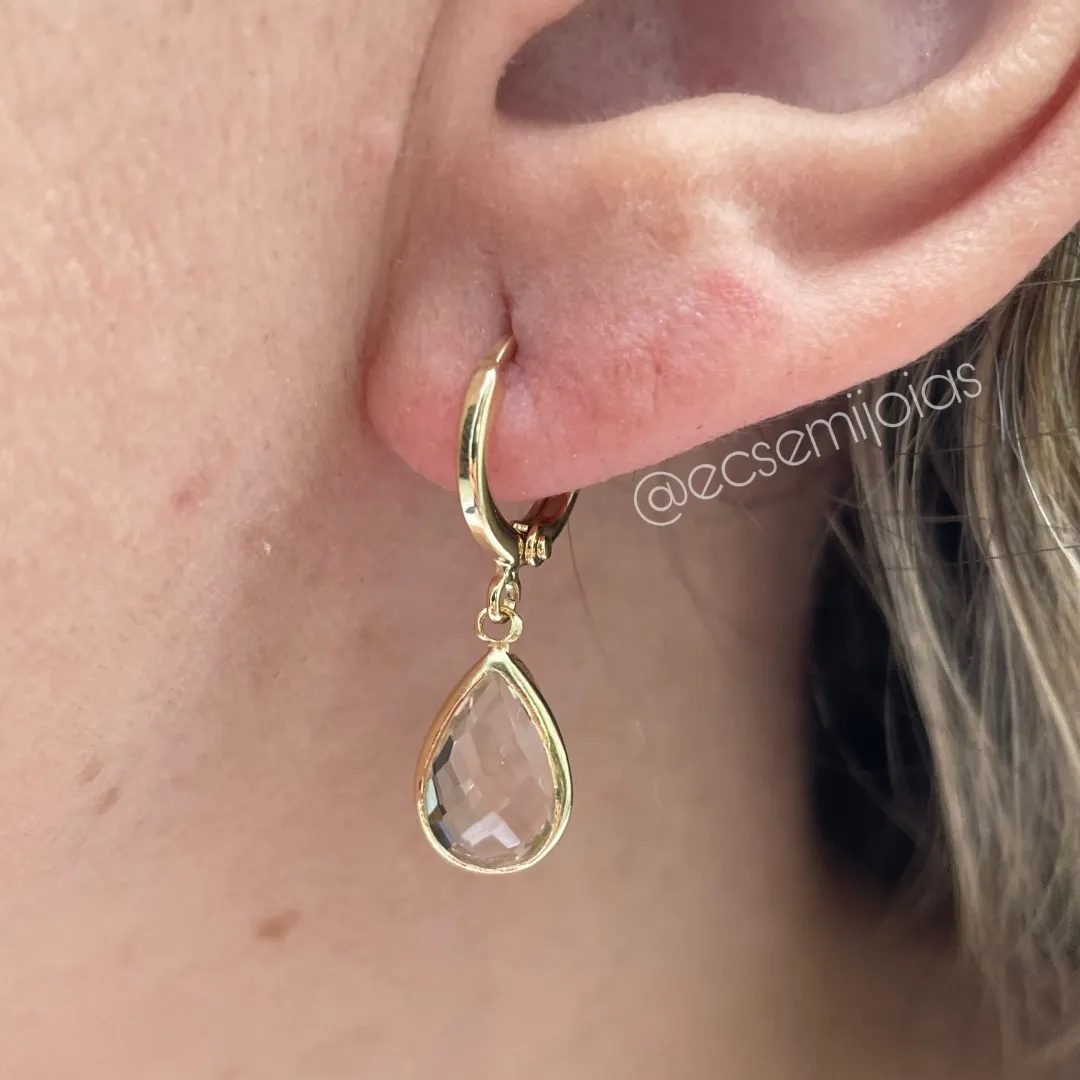 Argola tranqueta com pingente cristal gota pendurada - 8x12mm - banhado a ouro 18k