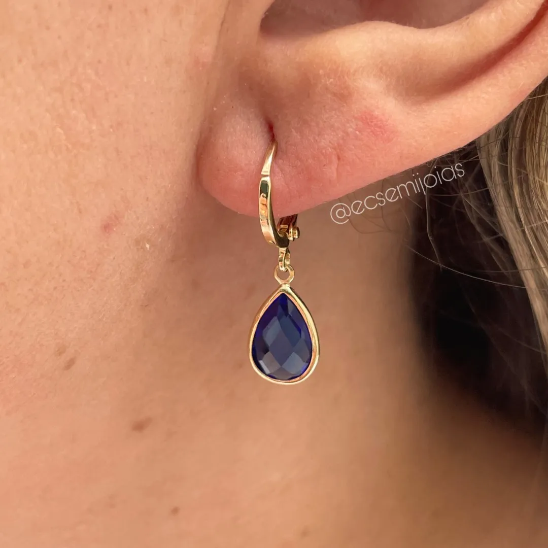 Argola tranqueta com pingente cristal gota pendurada - 8x12mm - banhado a ouro 18k