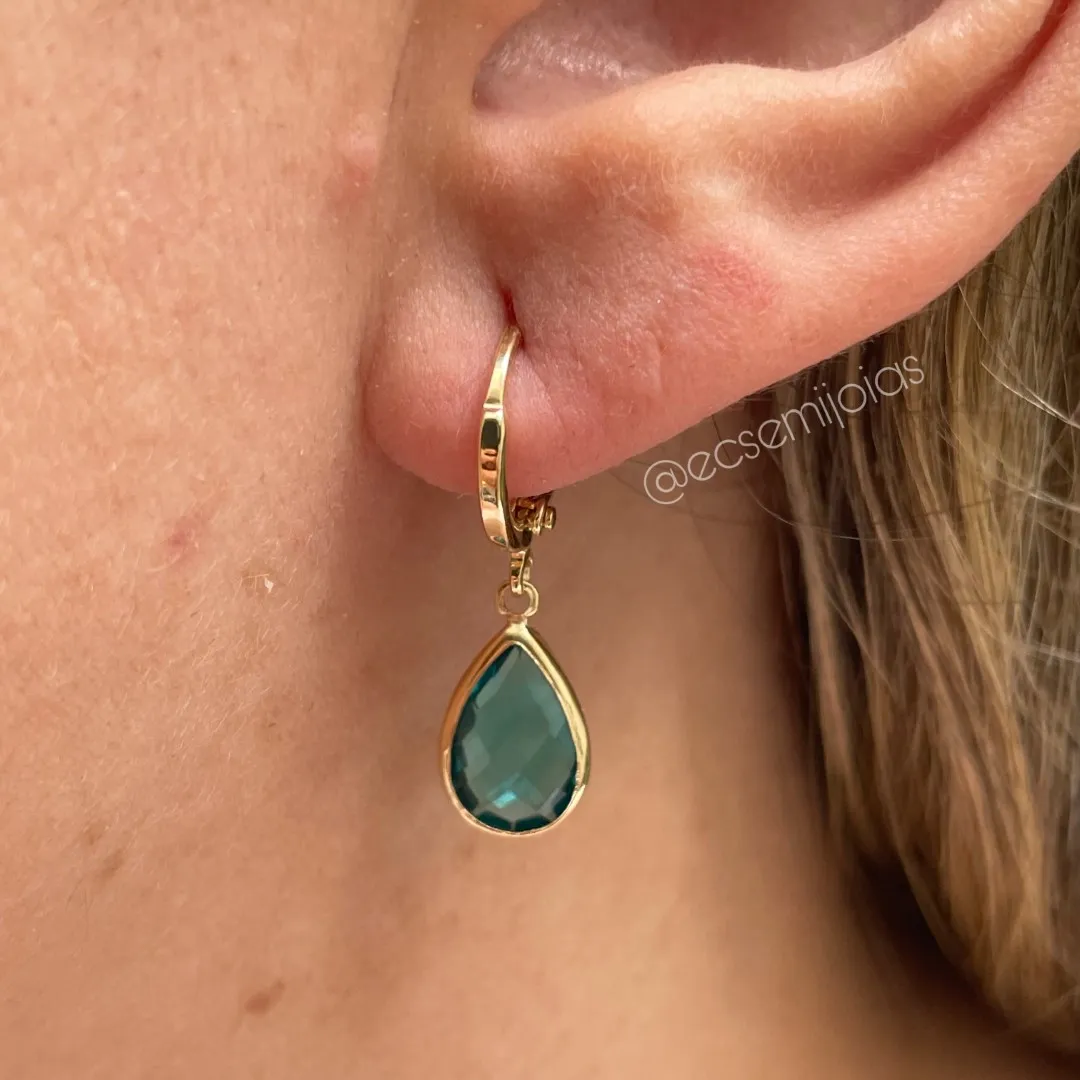 Argola tranqueta com pingente cristal gota pendurada - 8x12mm - banhado a ouro 18k