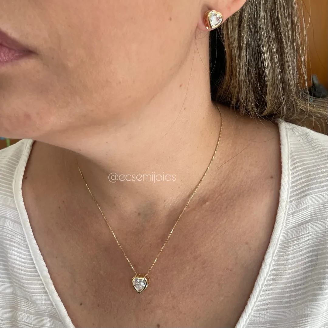 Conjunto de brinco e colar de coração de zircônia - banhado a ouro 18k