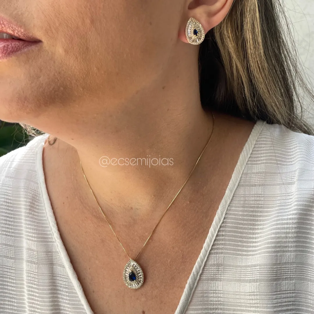 Conjunto de brinco e colar de gota com zircônia gota no centro com baguetes em volta e cravejado nas bordas - banhado a ouro 18k