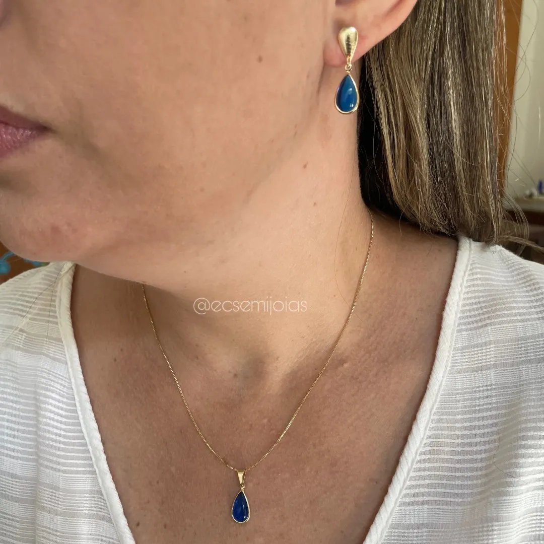 Conjunto de brinco e colar de gota cristal - banhado a ouro 18k