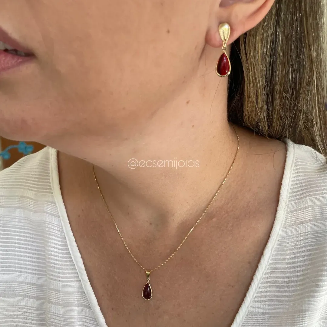 Conjunto de brinco e colar de gota cristal - banhado a ouro 18k