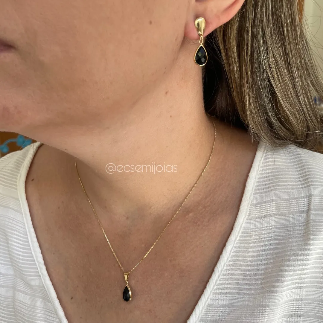 Conjunto de brinco e colar de gota cristal - banhado a ouro 18k