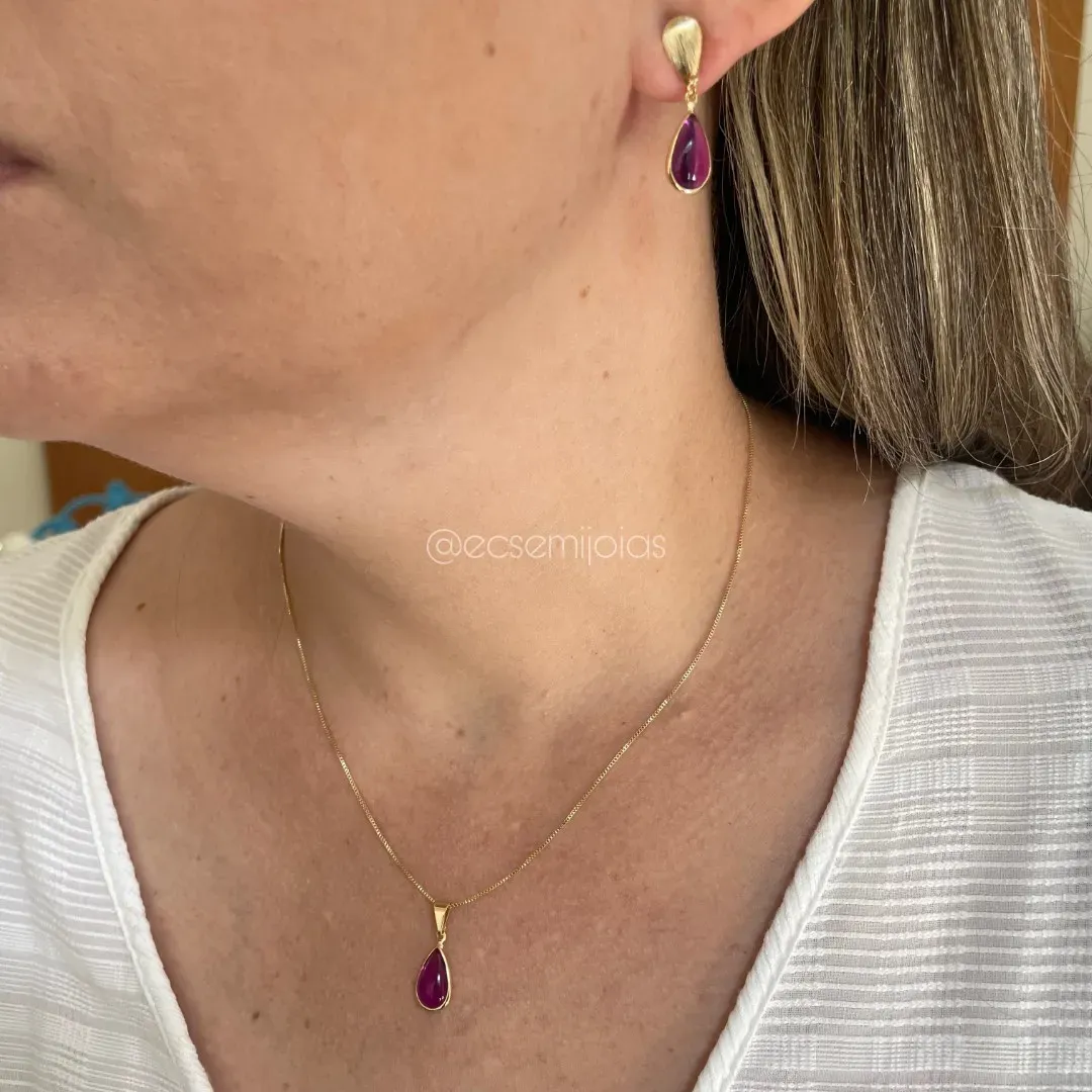 Conjunto de brinco e colar de gota cristal - banhado a ouro 18k