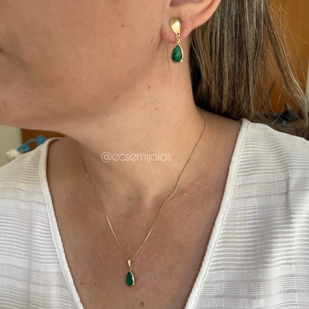 Conjunto de brinco e colar de gota cristal - banhado a ouro 18k