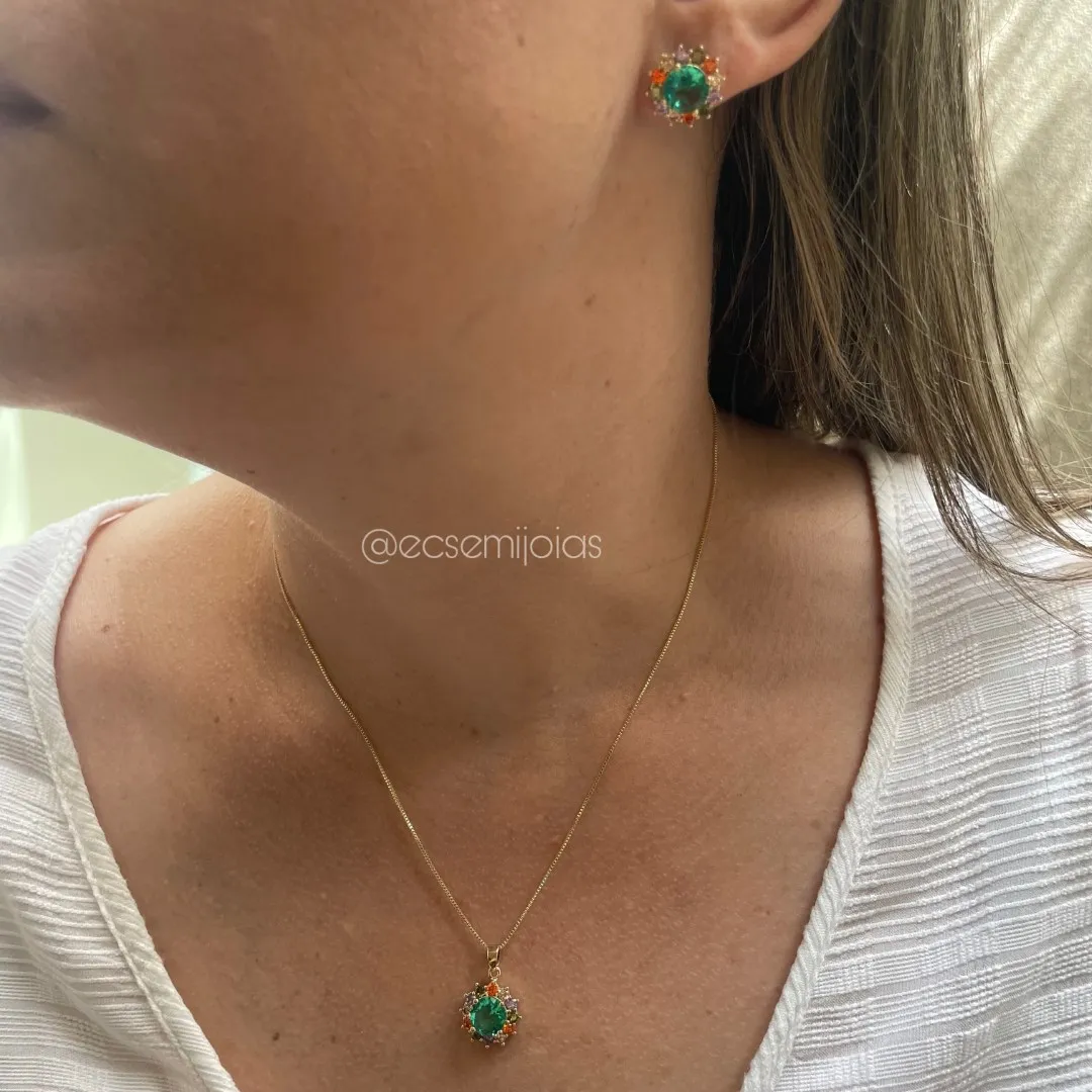 Conjunto de brinco e colar zircônia redonda maior no centro cravejado em volta - banhado a ouro 18k