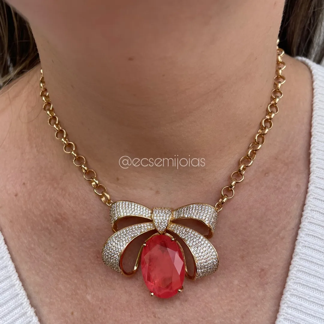 Conjunto de brinco e colar de gota de laço cravejado com pedra oval fusion pendurada - banhado a ouro 18k