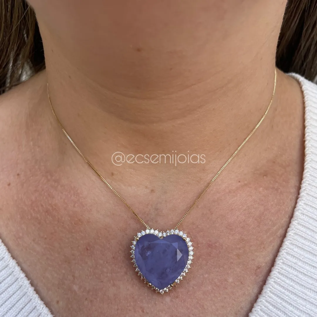 Conjunto de brinco e colar de coração de pedra fusion cravejado em volta - banhado a ouro 18k