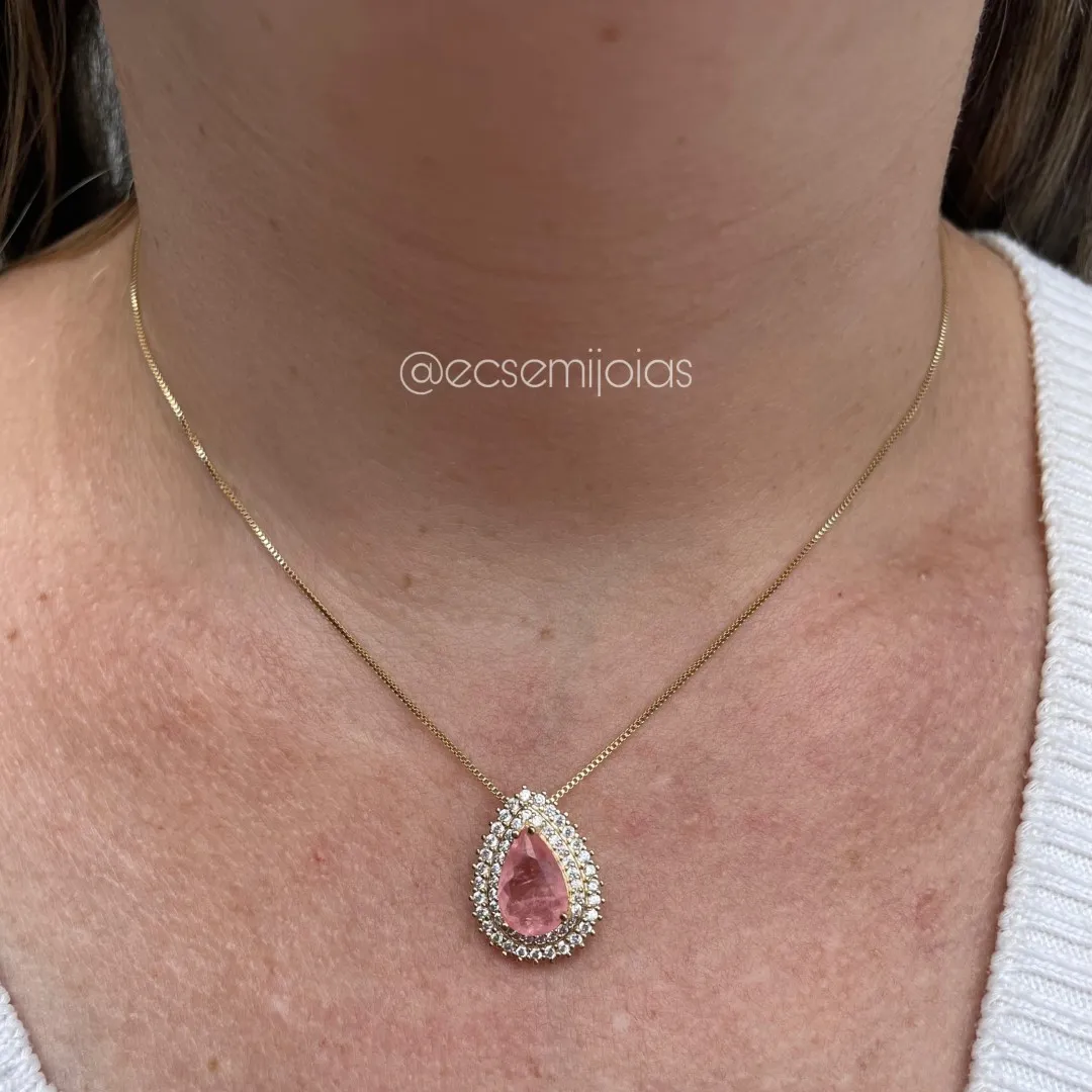 Conjunto de brinco e colar de gota de pedra fusion cravejado em volta - banhado a ouro 18k