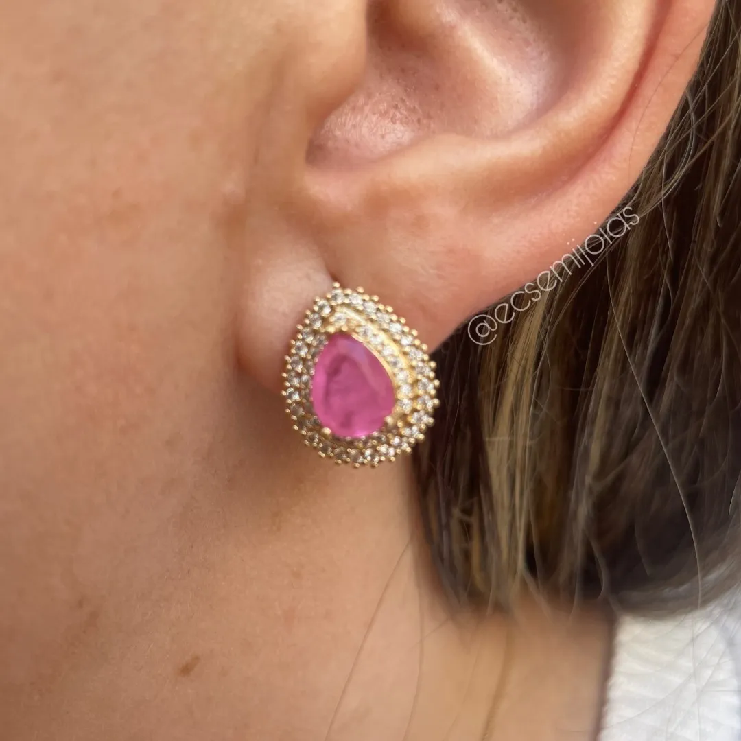 Conjunto de brinco e colar de gota de pedra fusion cravejado em volta - banhado a ouro 18k
