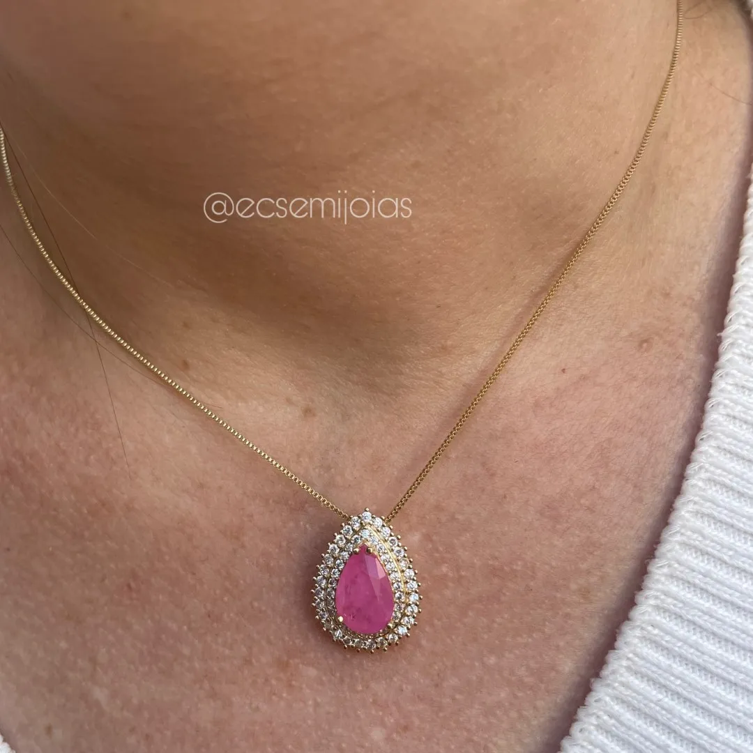 Conjunto de brinco e colar de gota de pedra fusion cravejado em volta - banhado a ouro 18k
