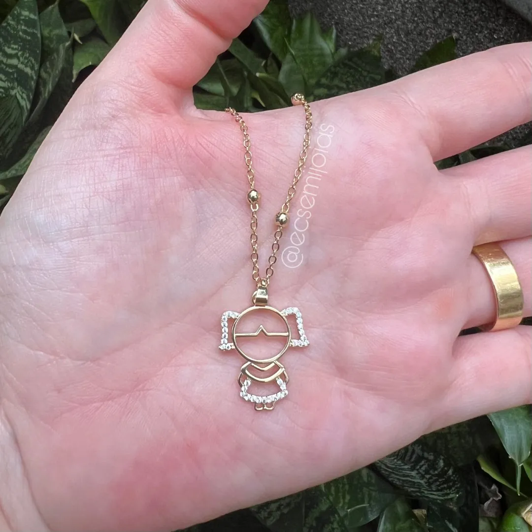 Colar de bolinhas com pingente de menina vazada cravejada - banhado a ouro 18k