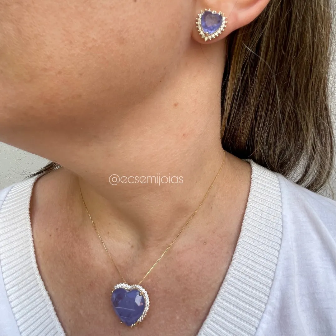 Conjunto de brinco e colar de coração de pedra fusion cravejado em volta - banhado a ouro 18k