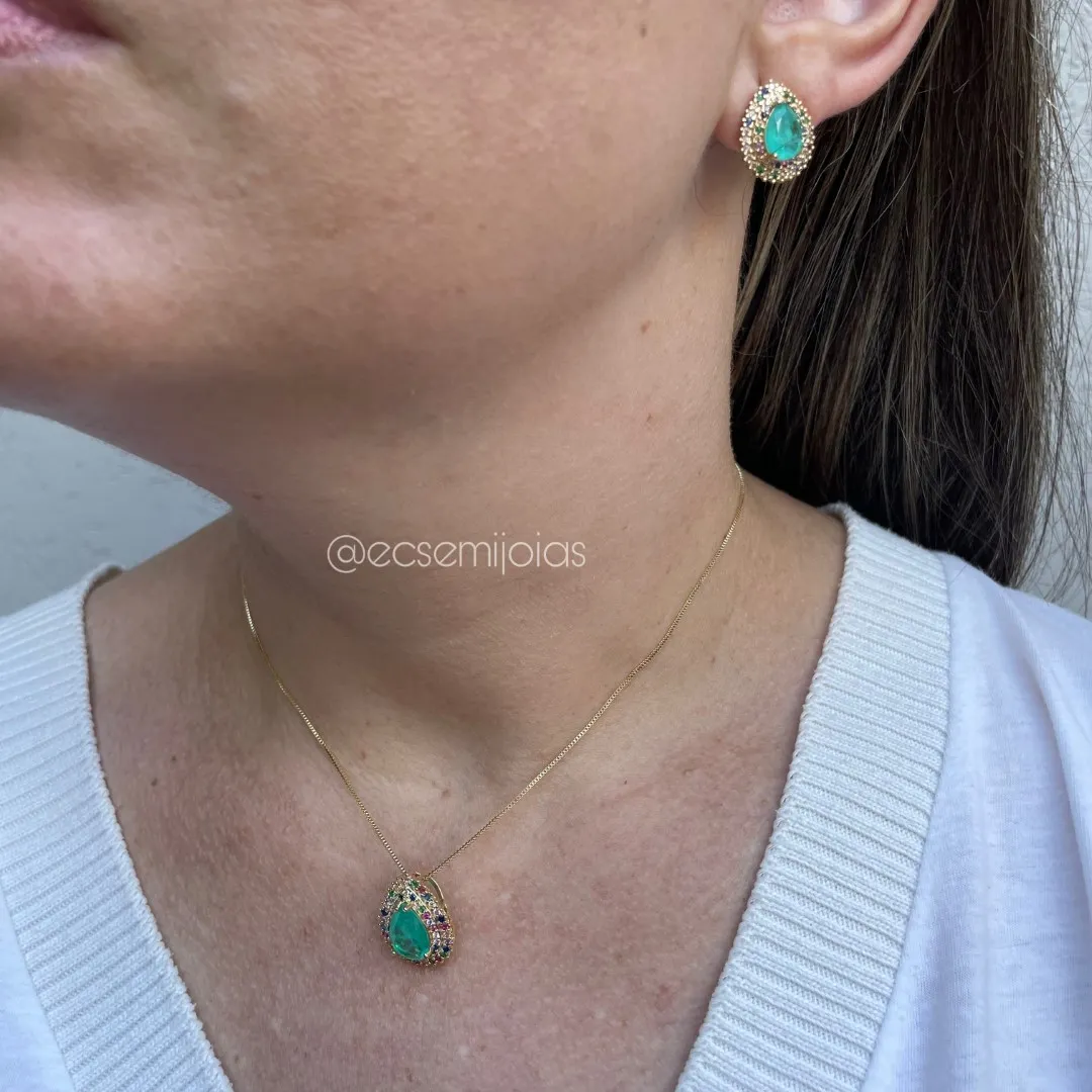 Conjunto de brinco e colar de gota de pedra fusion cravejado colorido em volta - banhado a ouro 18k