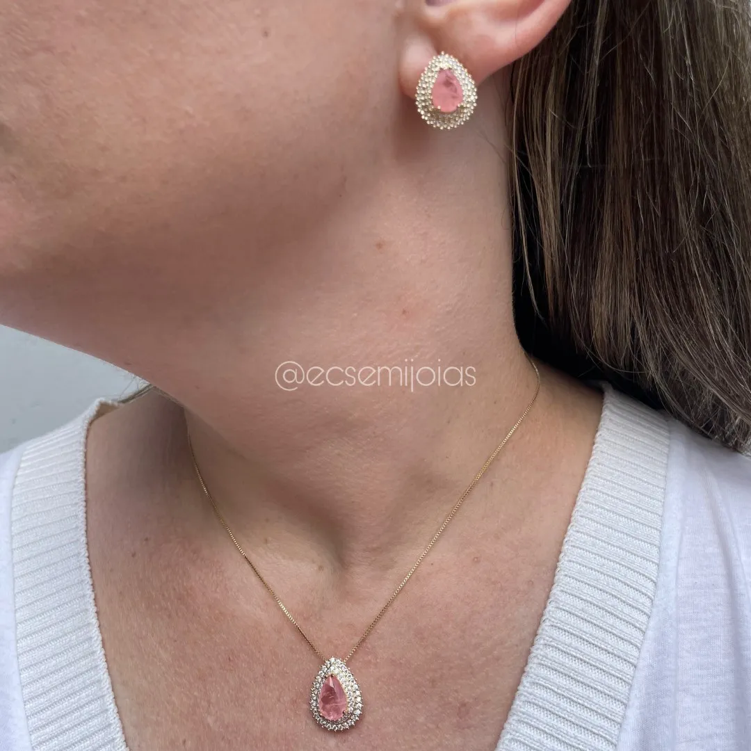 Conjunto de brinco e colar de gota de pedra fusion cravejado em volta - banhado a ouro 18k