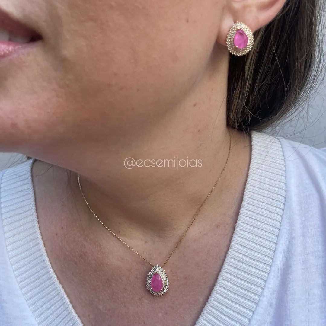 Conjunto de brinco e colar de gota de pedra fusion cravejado em volta - banhado a ouro 18k