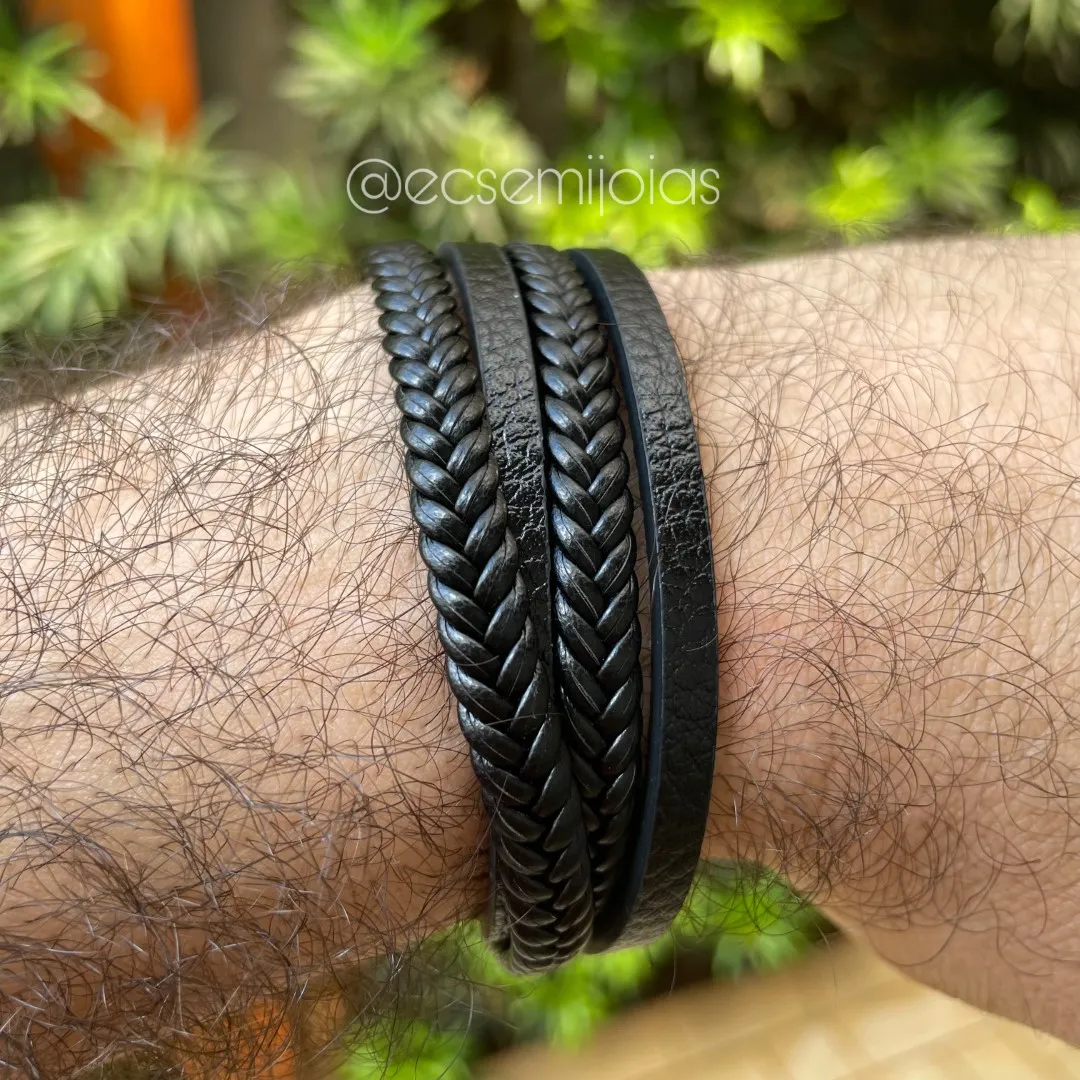 Pulseira masculina de corino com 2 trançados, 2 lisos e fecho de encaixe de aço - aço