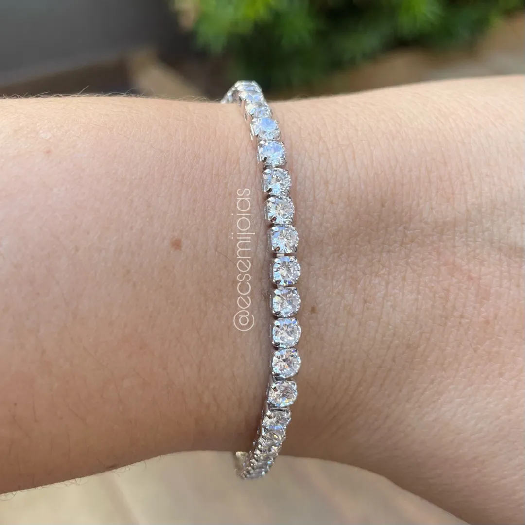 Pulseira com 100% de zircônias redondas - banhado a ródio branco