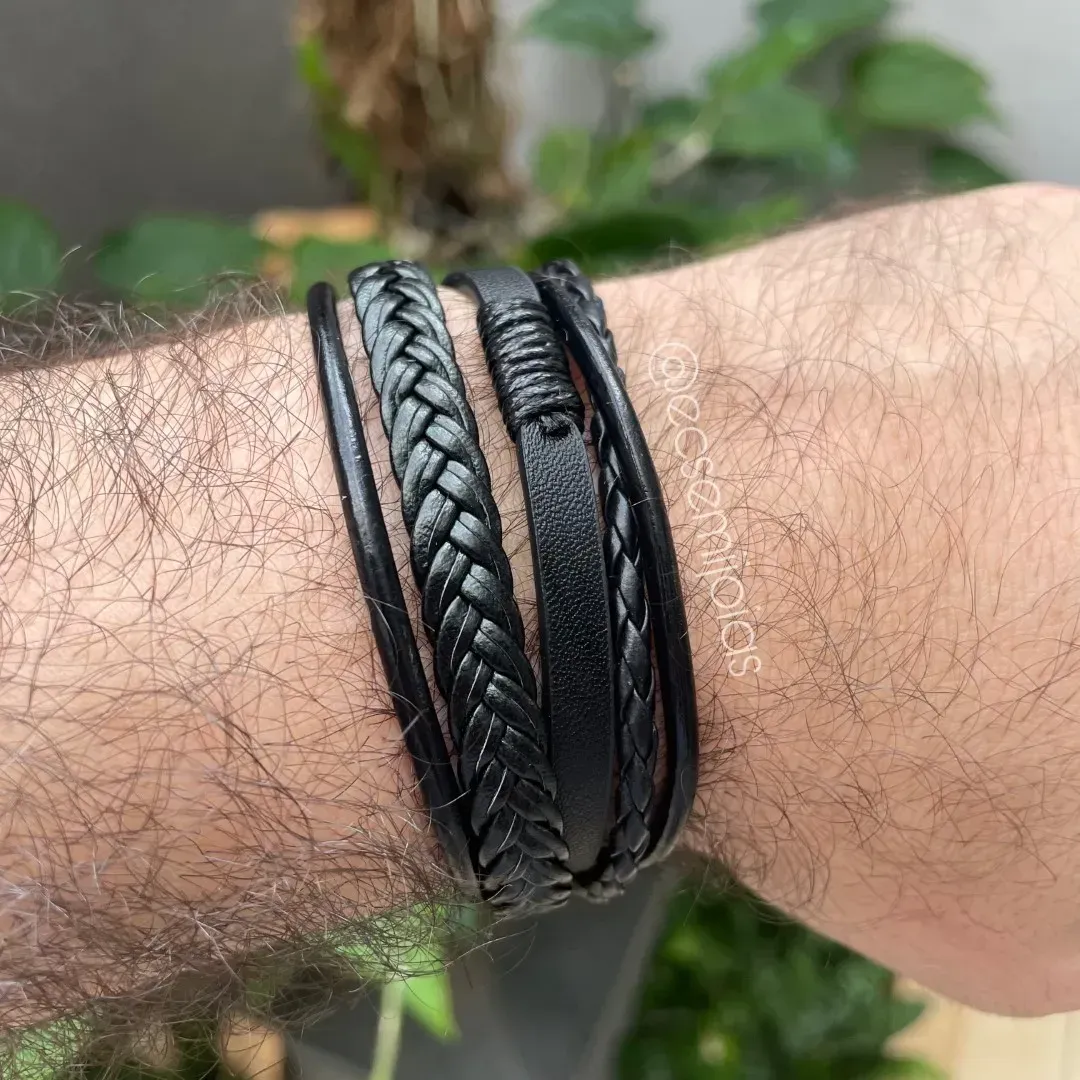 Pulseira masculina de corino com 5 trançados diferentes com fecho de encaixe de aço - aço