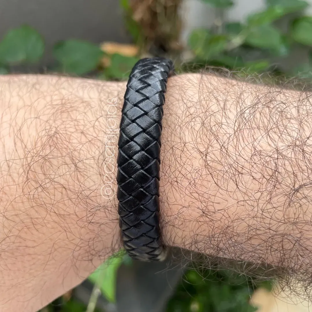 Pulseira masculina de couro trançado e fecho de encaixe de aço - aço