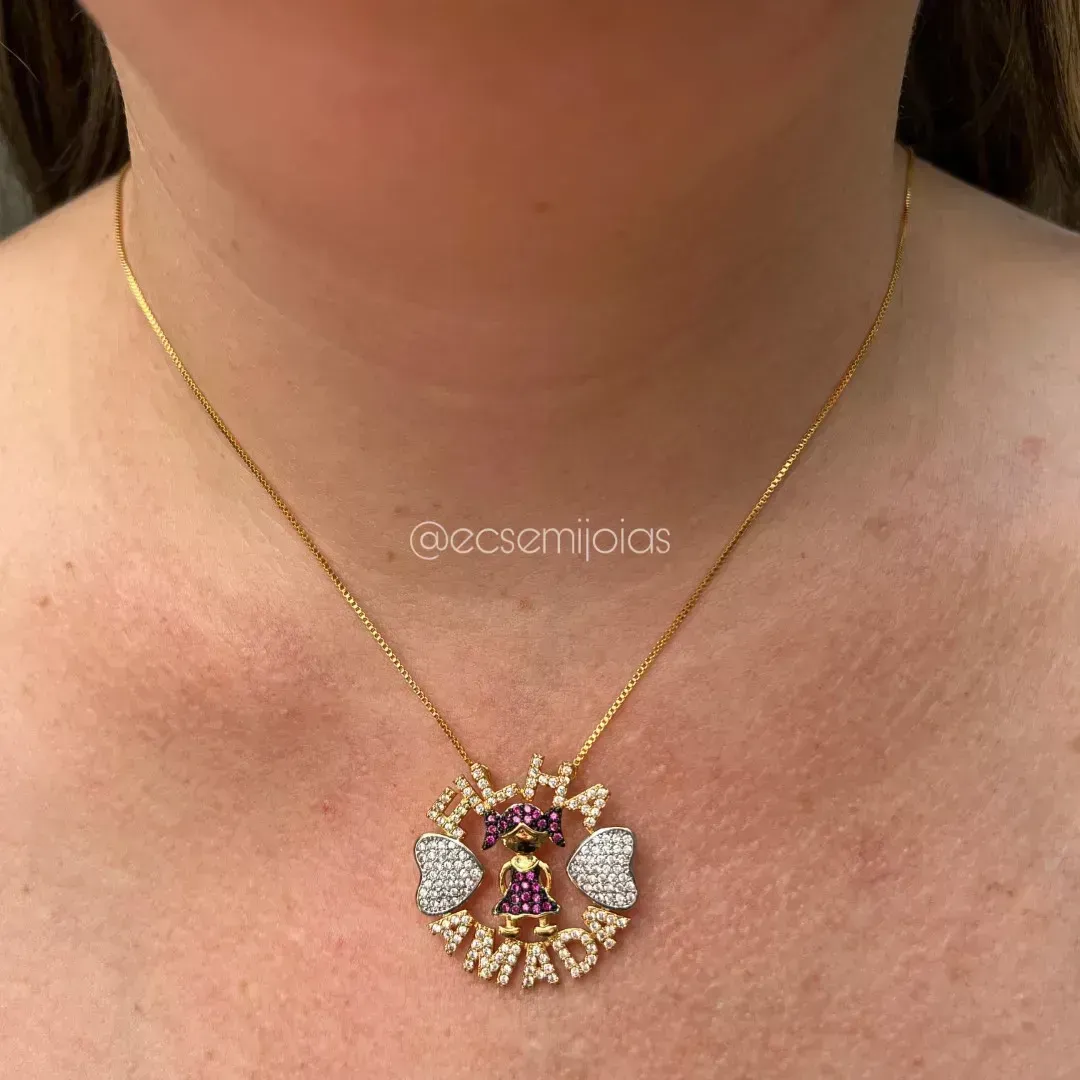 Colar mandala filha amada c/ 1 menina toda cravejada - 45 cm - banhado a ouro 18k