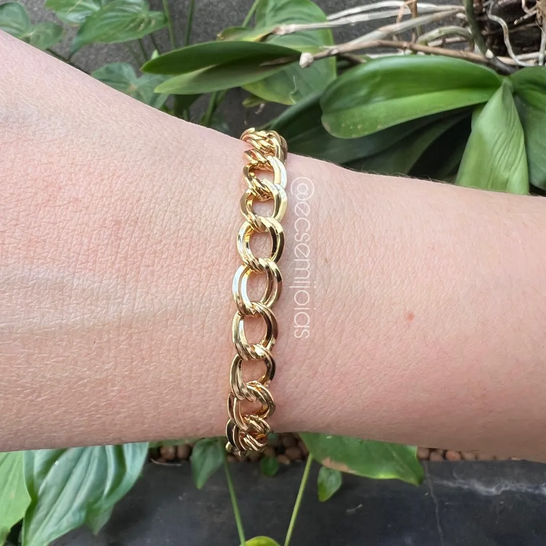 Pulseira grumet de elos duplos grandes - banhado a ouro 18k