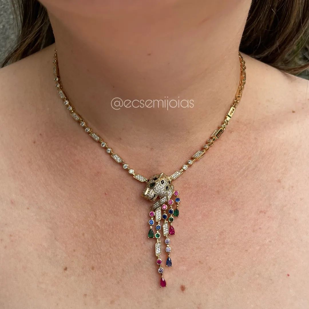 Conjunto de brinco e colar com cabeça de pantera cravejada com franja cravejada - 40cm - banhado a ouro 18k