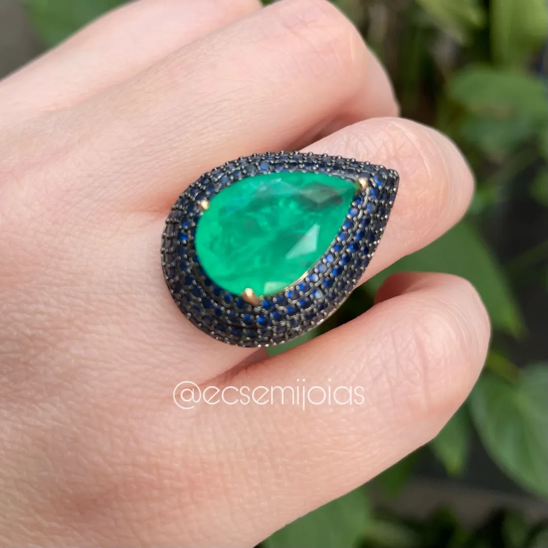 Conjunto de anel e brinco de pedra fusion gota grande cravejado em volta - banhado a ouro 18k