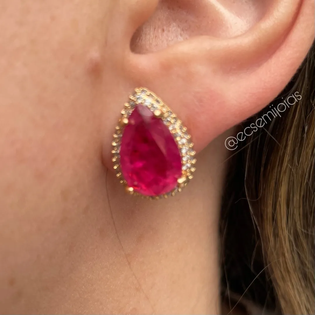 Conjunto de anel e brinco de pedra gota grande cravejado em volta - banhado a ouro 18k