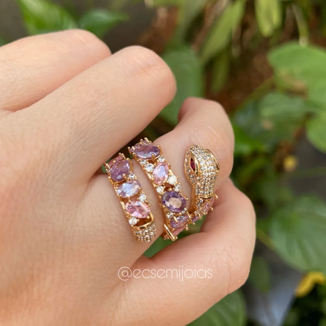 Conjunto anel e brinco cobra cravejada com zircônias ovais maiores - banhado a ouro 18k