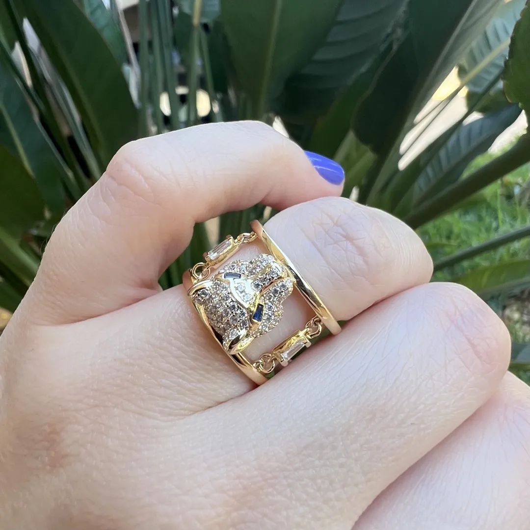 Anel de pantera cravejada com aro duplo - banhado a ouro 18k