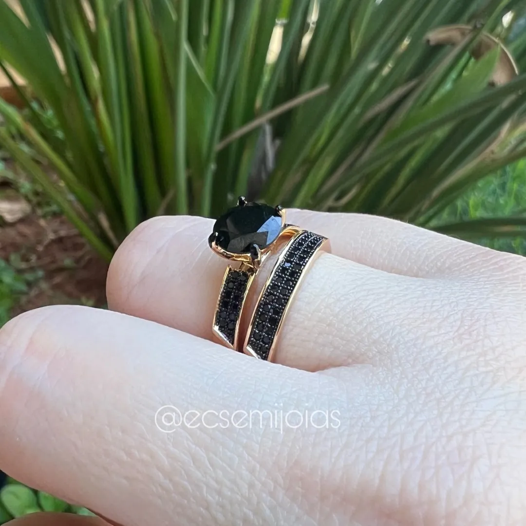 Anel duplo com solitário 8mm com aro cravejado - banhado a ouro 18k