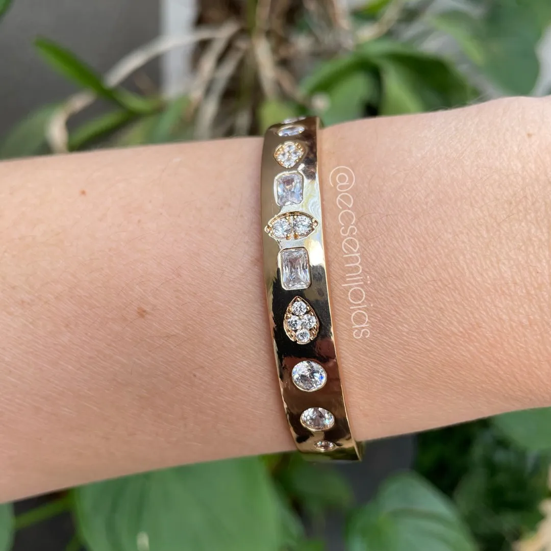Bracelete com zircônias gotas, redondas baguetes, navetes - banhado a ouro 18k
