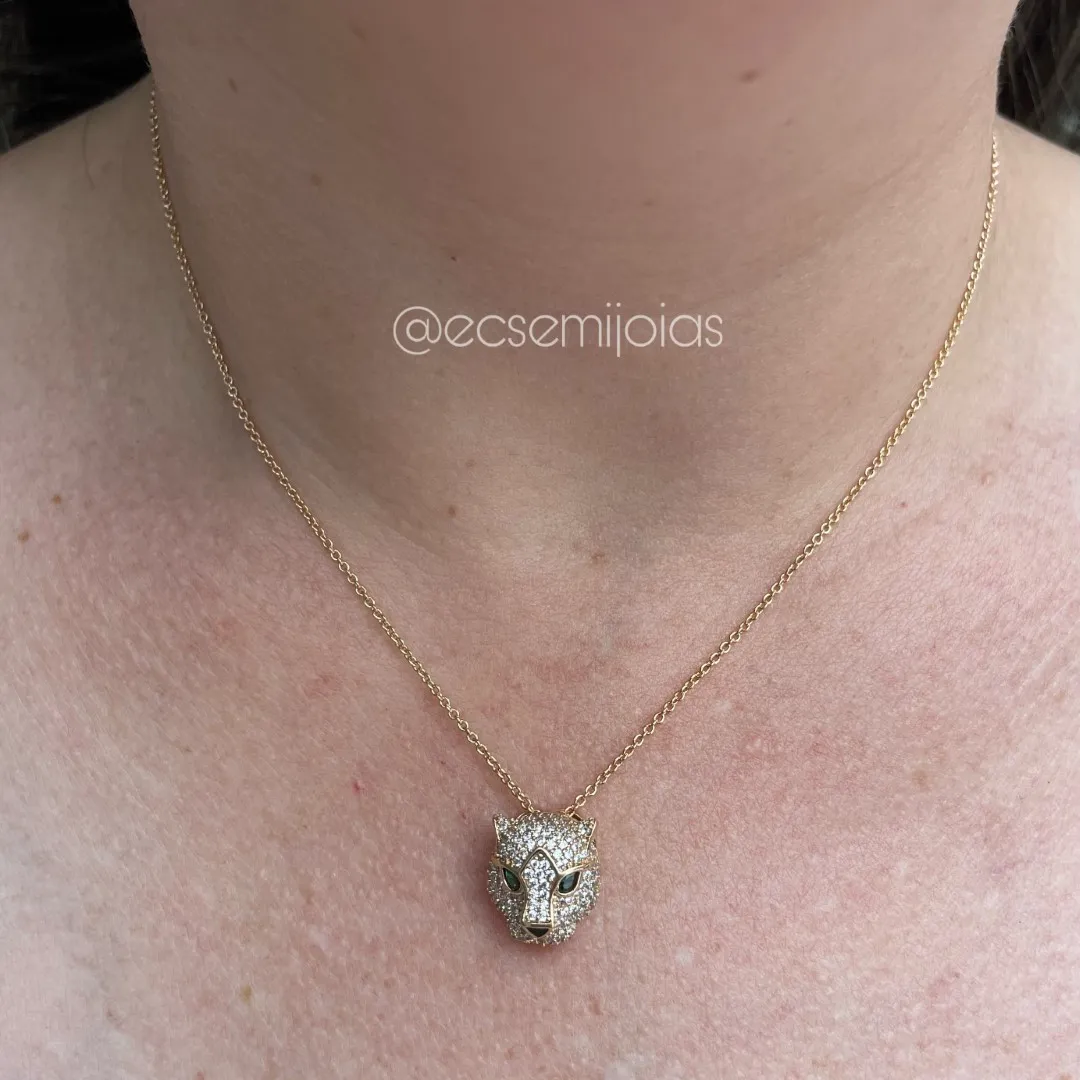 Colar com pingente de pantera cravejada - 40cm + extensor - banhado a ouro 18k