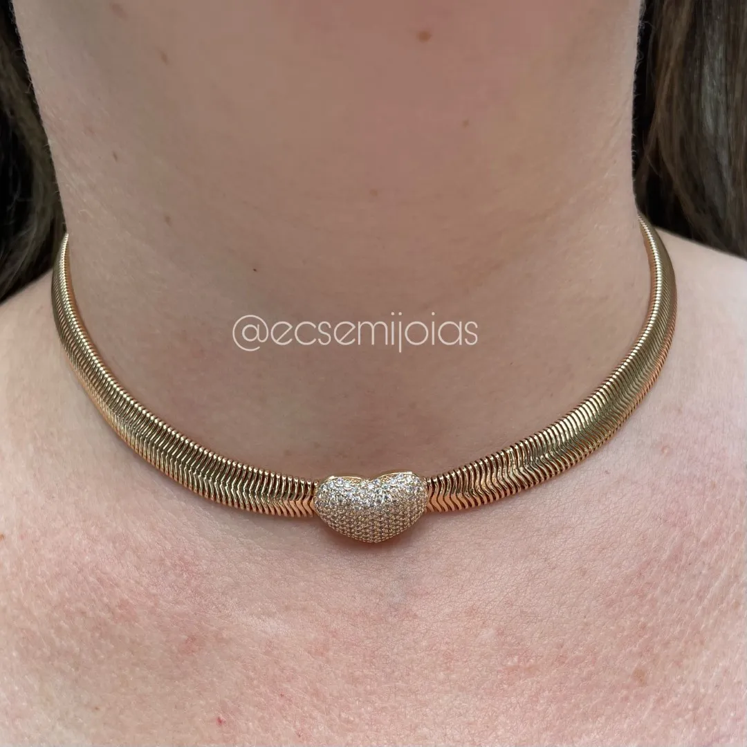 Colar lacraia 8mm com coração cravejado no centro  - 40cm + extensor - banhado a ouro 18k