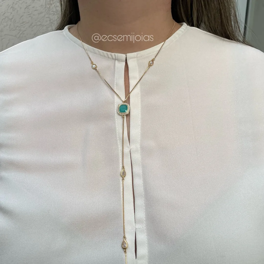 Colar longo gravata com zircônias gotas e pedra quadrada fusion no centro cravejado em volta  - 55cm + extensor - banhado a ouro 18k