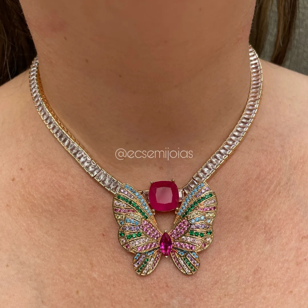 Colar riviera de zircônias baguetes e pingente de borboleta cravejada com pedra quadrada no centro - 40cm - banhado a ouro 18k
