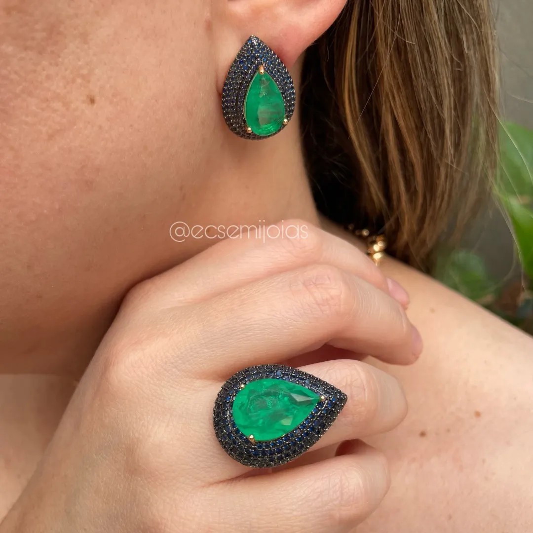 Conjunto de anel e brinco de pedra fusion gota grande cravejado em volta - banhado a ouro 18k