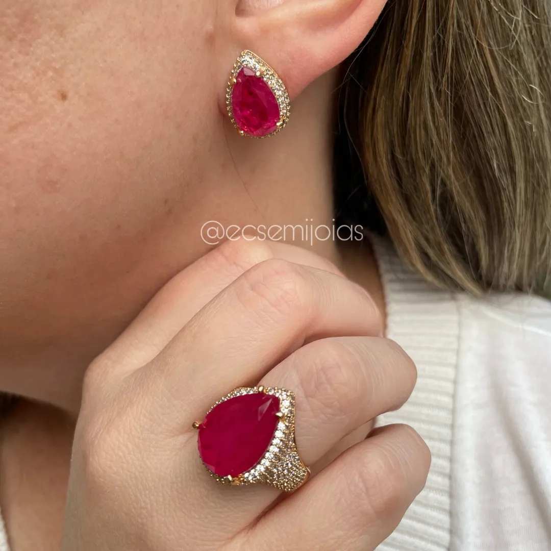 Conjunto de anel e brinco de pedra gota grande cravejado em volta - banhado a ouro 18k