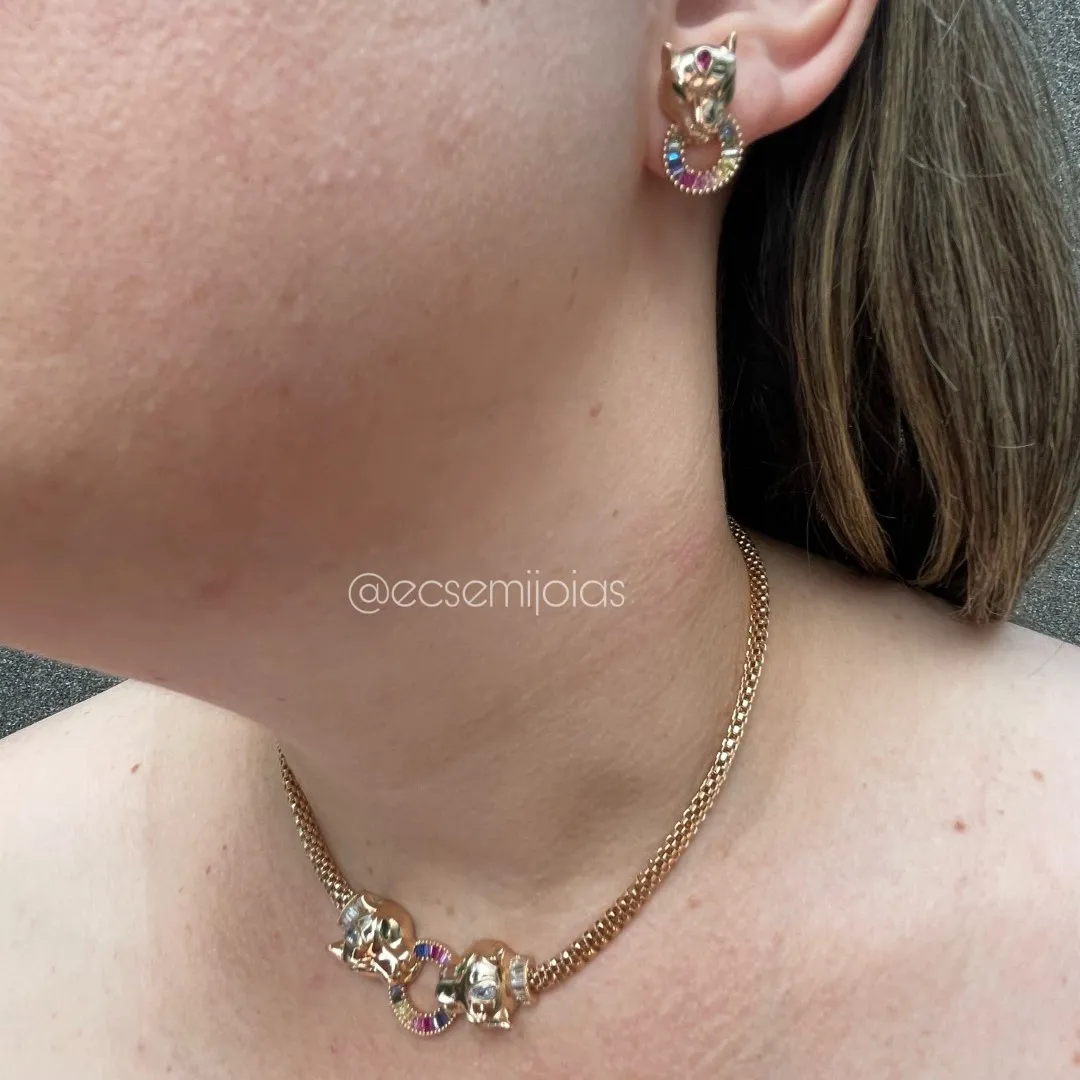 Conjunto de brinco e colar com cabeça de pantera com zircônias baguetes - banhado a ouro 18k