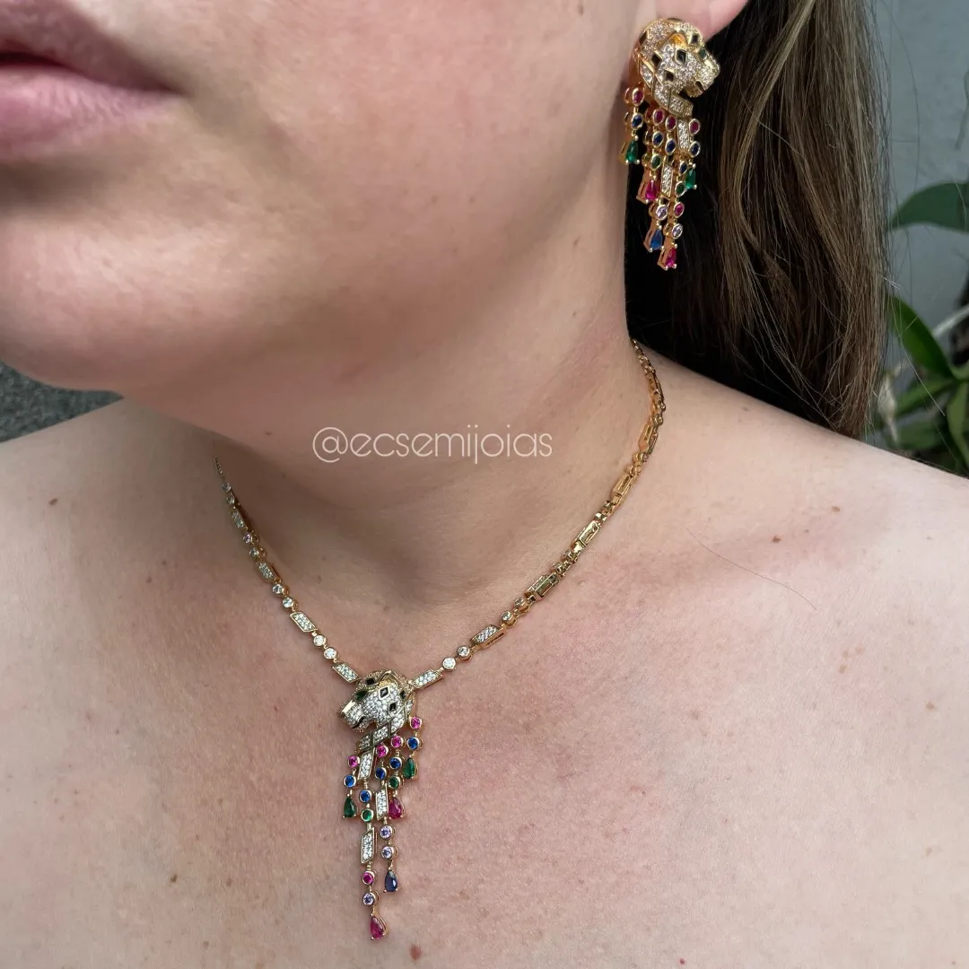 Conjunto de brinco e colar com cabeça de pantera cravejada com franja cravejada - 40cm - banhado a ouro 18k