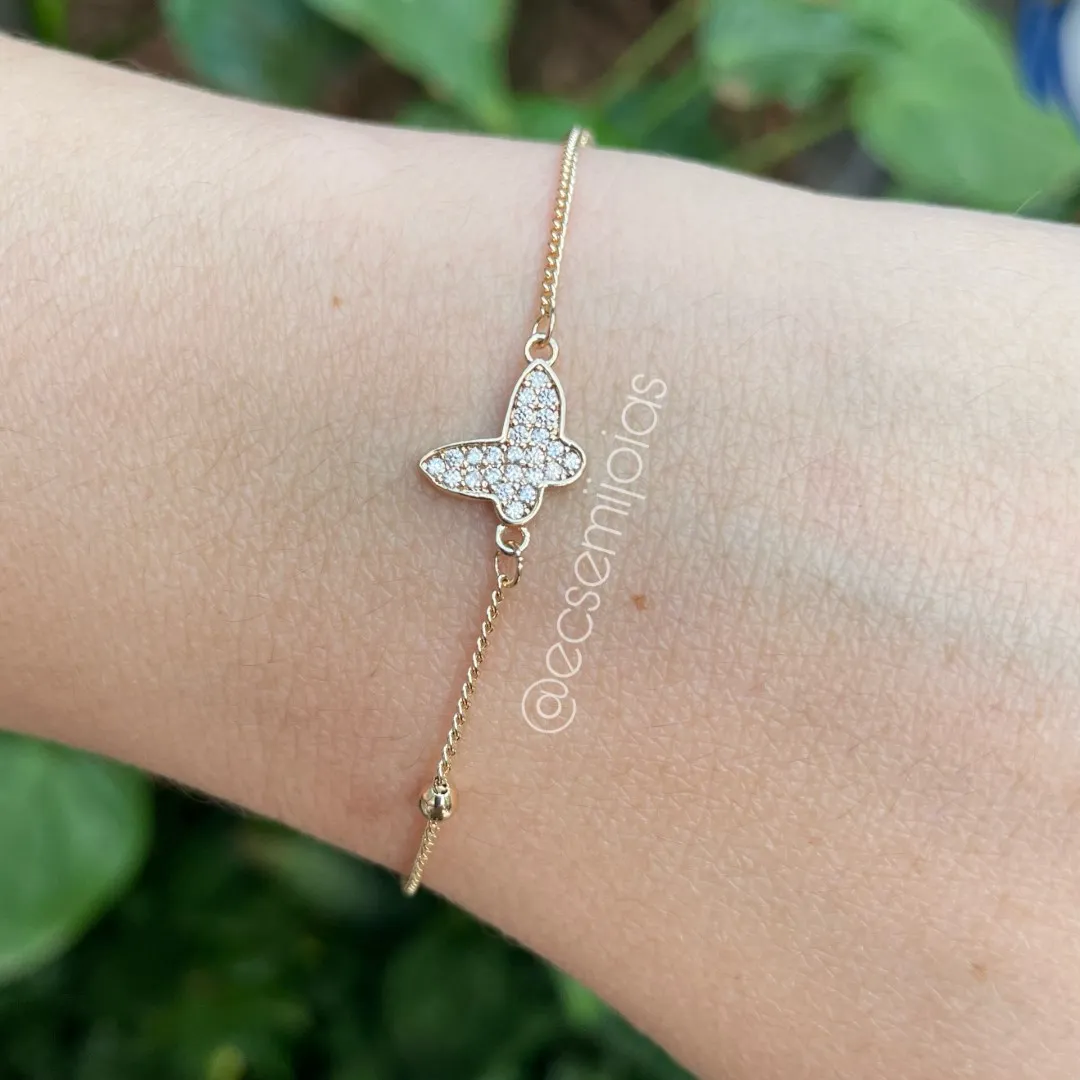 Pulseira com bolinhas lisas e borboleta cravejada - 17cm + extensor - banhado a ouro 18k