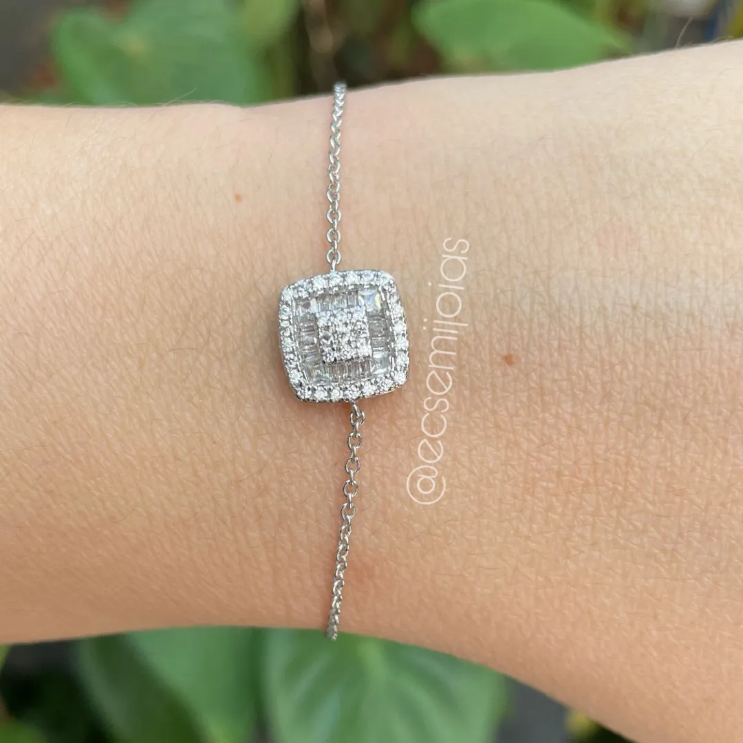 Pulseira com pizza quadrada cravejada - 14cm + extensor - banhado a ródio branco