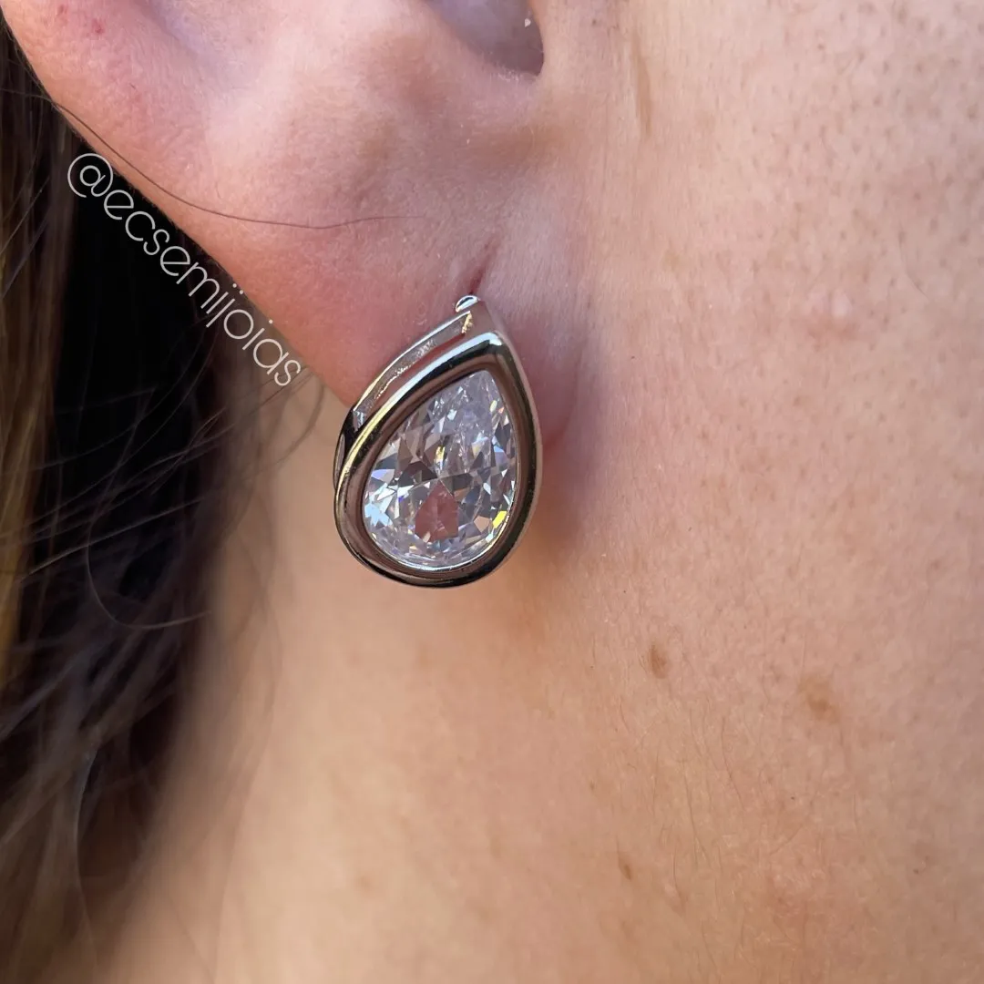 Brinco de zircônia de gota 9x14mm com bordas - banhado a ródio branco