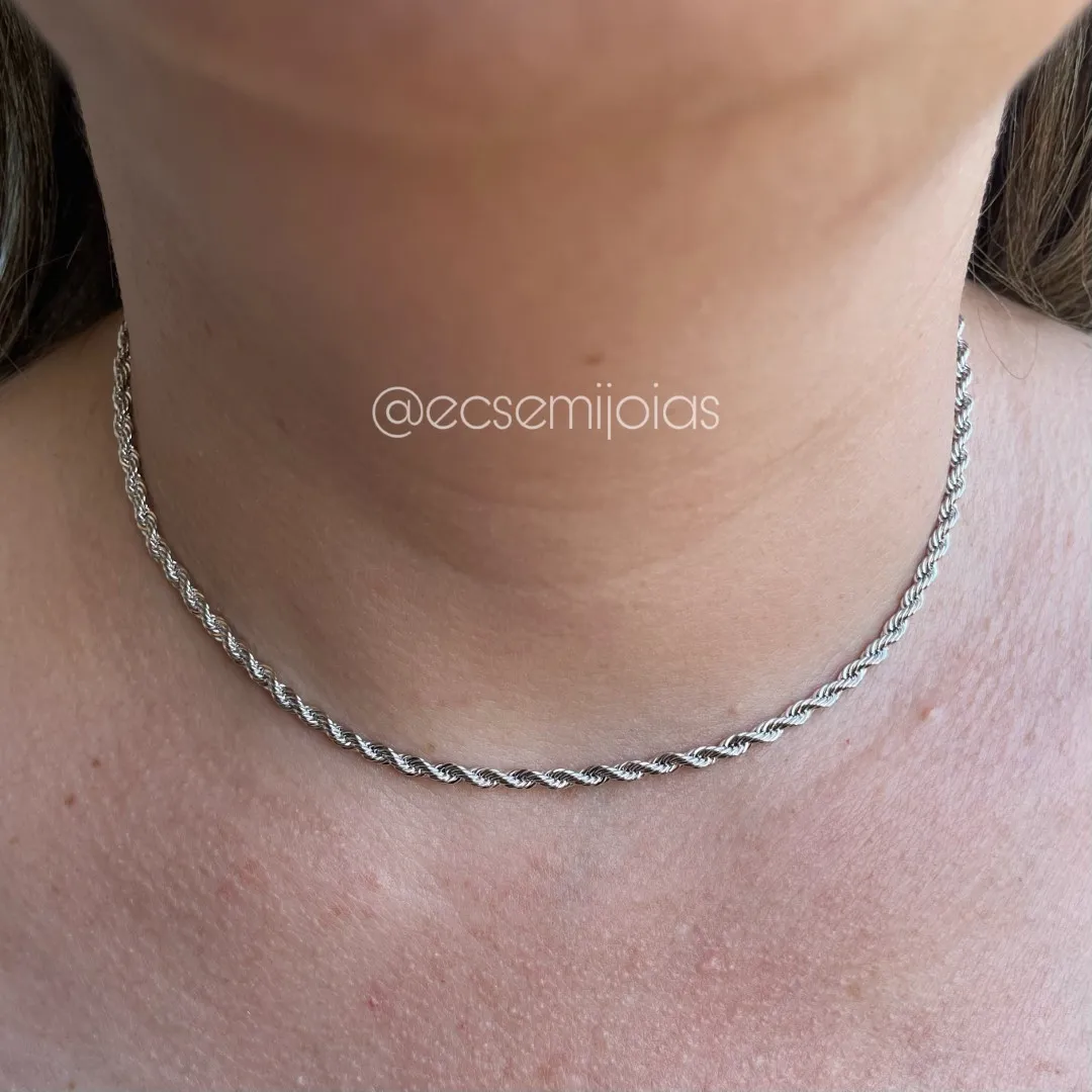 Choker cordão baiano de 3mm - 32cm + extensor - banhado a ródio branco