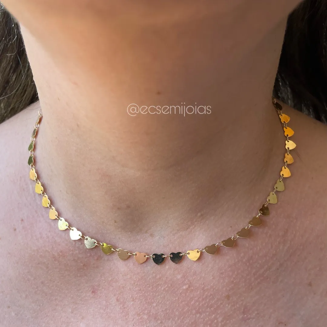 Colar com vários corações de 6mm lisos  - 37cm + extensor - banhado a ouro 18k