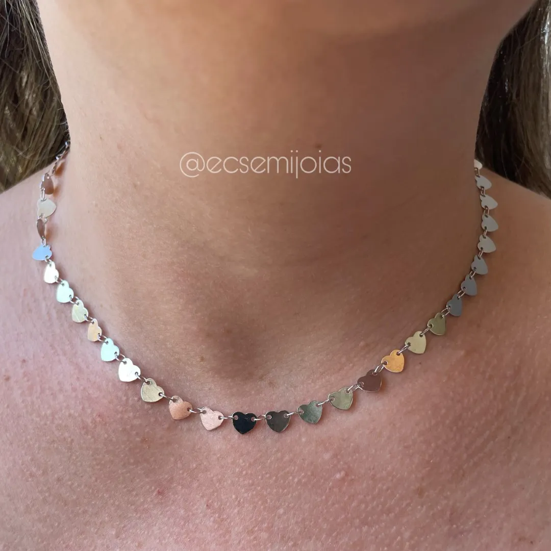 Colar com vários corações de 6mm lisos  - 37cm + extensor - banhado a ródio branco
