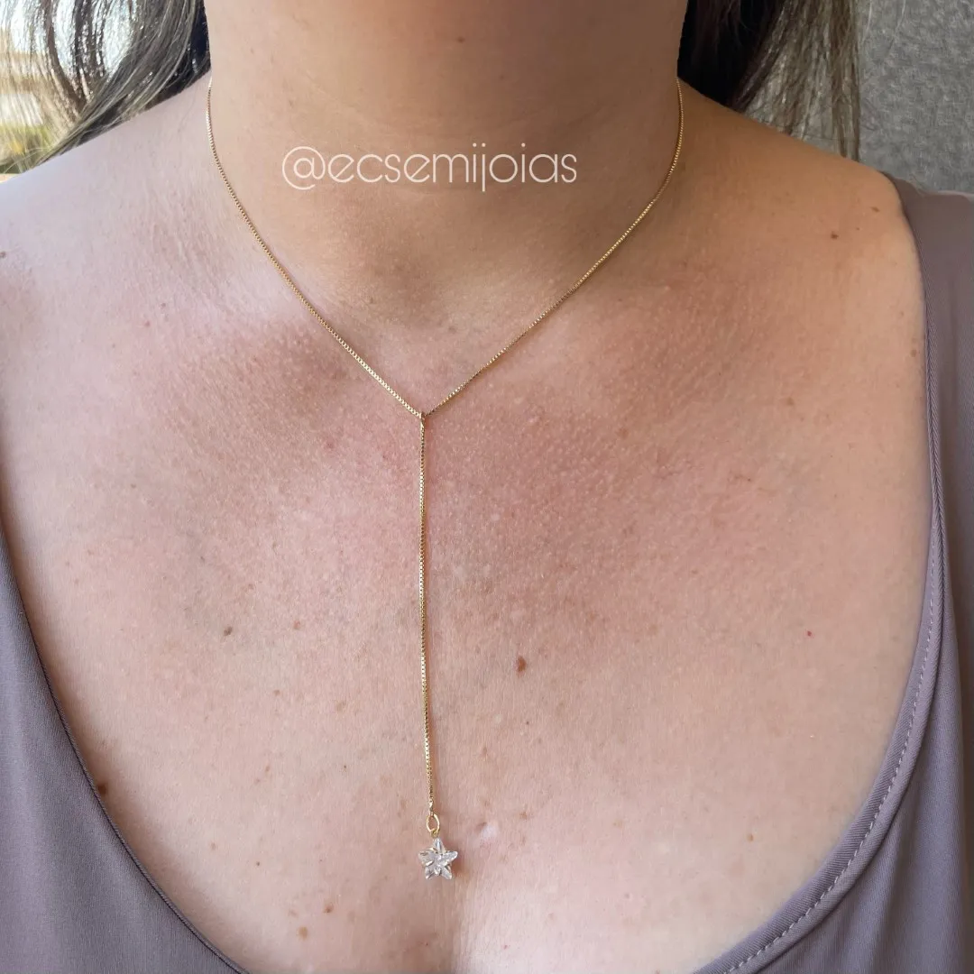 Colar gravata veneziana com zircônia estrela 8mm na ponta - 40cm + extensor - banhado a ouro 18k