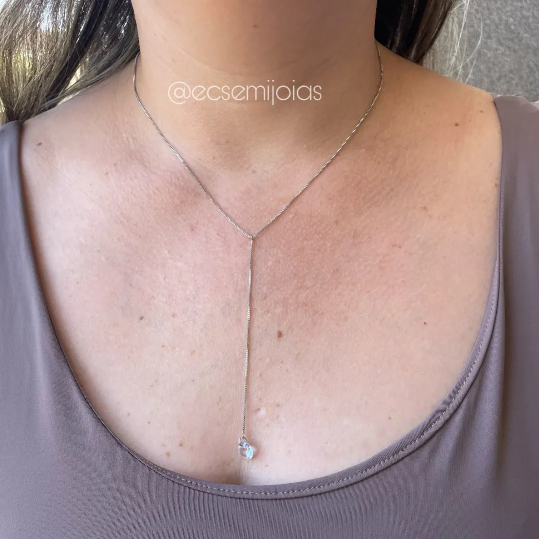 Colar gravata veneziana com zircônia redonda 8mm na ponta - 40cm + extensor - banhado a ródio branco
